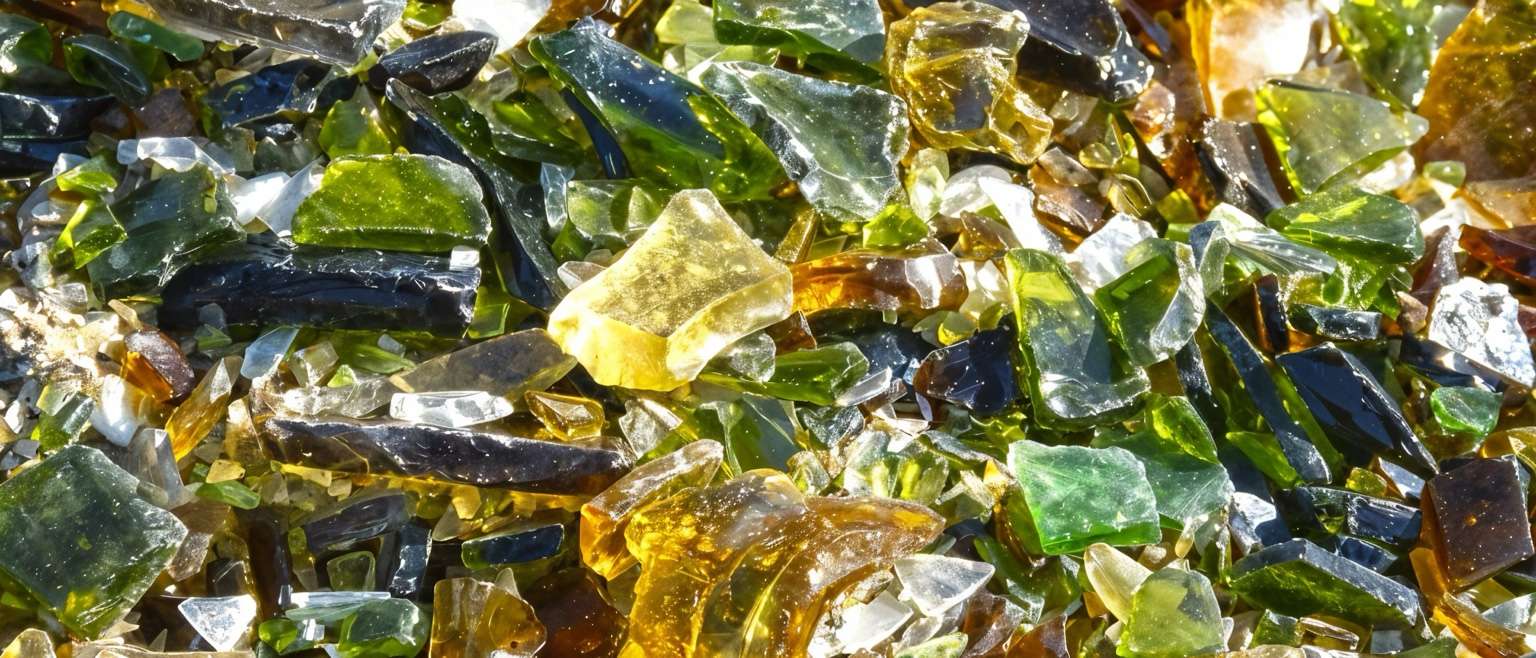 Fragments de verre verts et bruns translucides