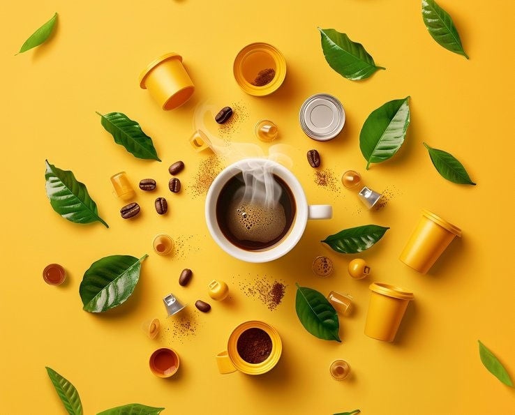 Tasse de café entourée de capsules colorées sur fond jaune