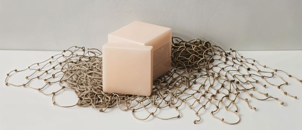 Barres de savon artisanal posées sur un filet décoratif