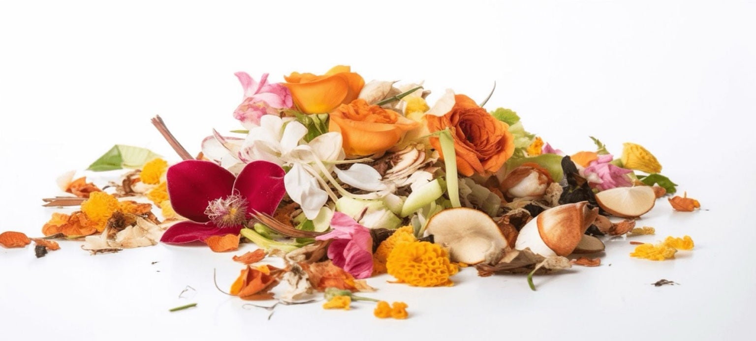 Des pétales de fleurs roses, oranges, blancs et verts dispersés sur fond blanc