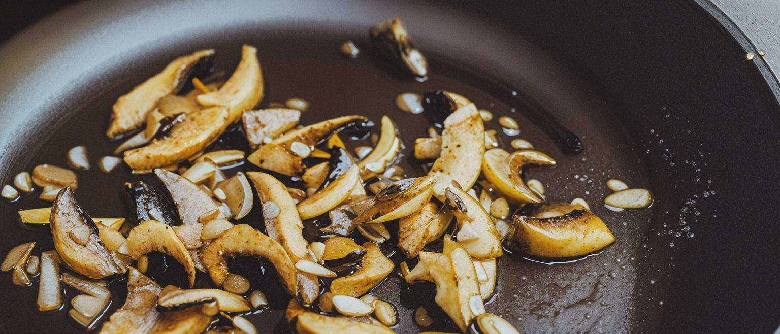 Des champignons et des amandes cuisant dans une poêle de cuisine