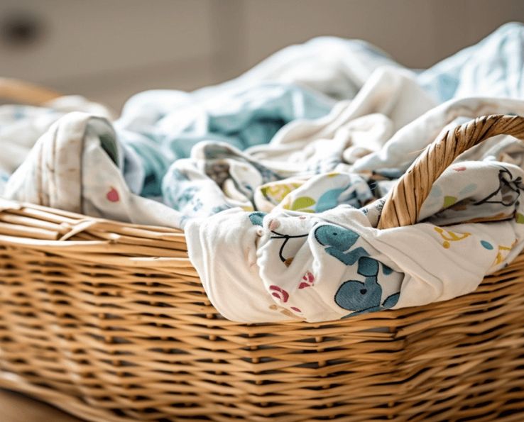 Panier en osier rempli de linge de bébé blanc et bleu