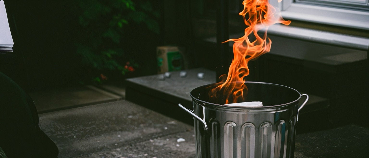 Bac à ordures en feu dans un conteneur métallique