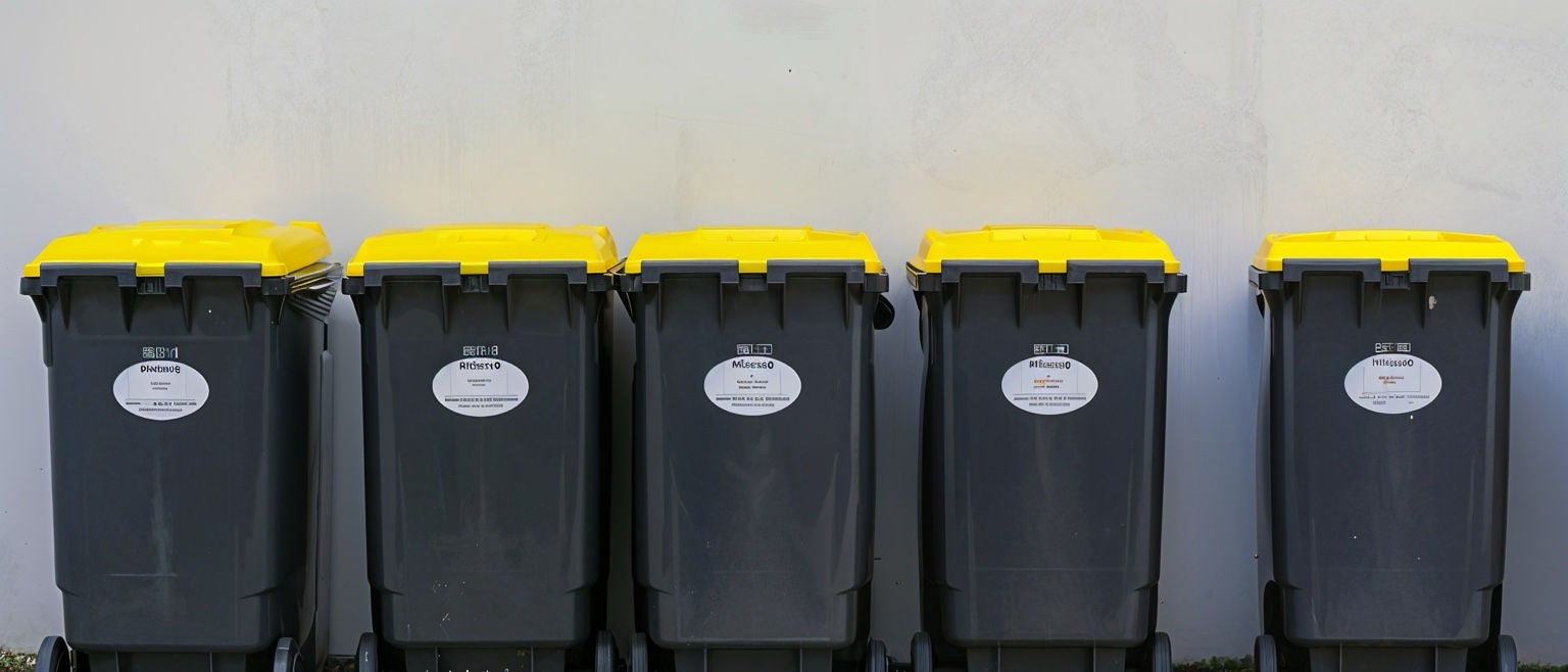 Rangée de poubelles noires à couvercle jaune alignées contre un mur