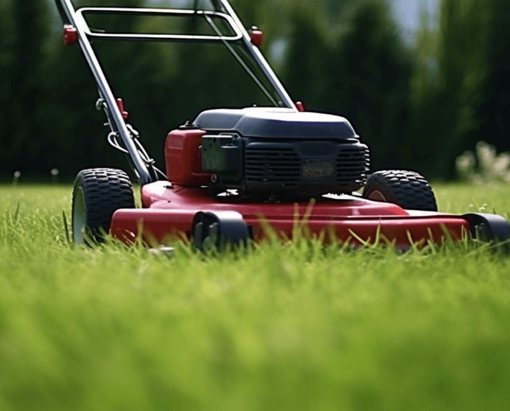 Gros plan sur une tondeuse thermique prête à tondre