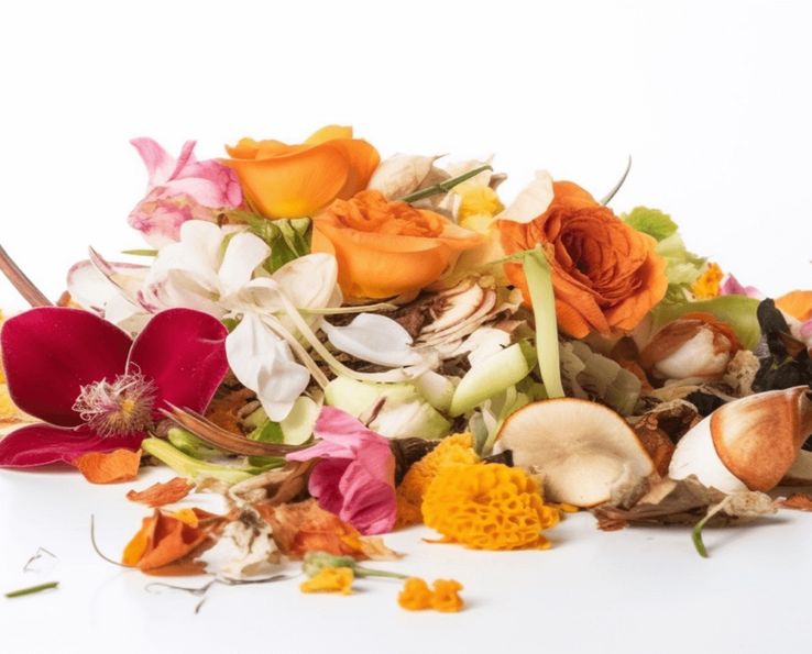 Des pétales de fleurs roses, oranges, blancs et verts dispersés sur fond blanc