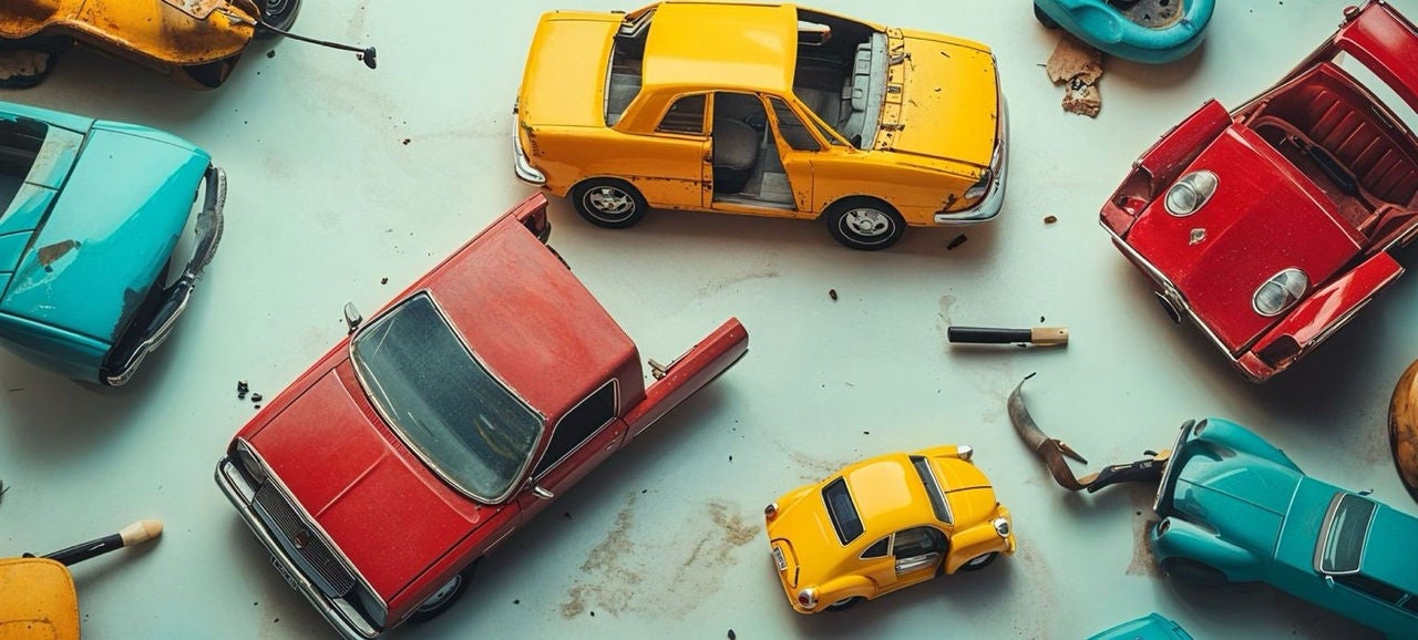 Voitures jouet vintage exposées sur une surface blanche