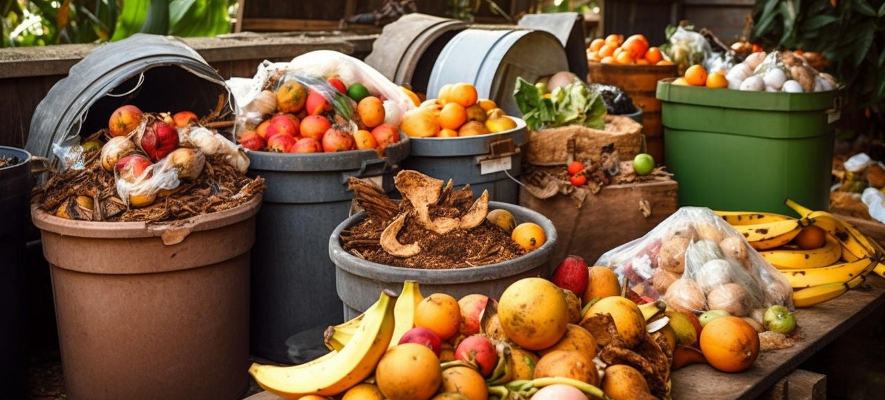 Plusieurs poubelles de tri contiennent des déchets ménagers organiques, principalement des fruits et légumes abîmés, illustrant la gestion et le tri des biodéchets à domicile