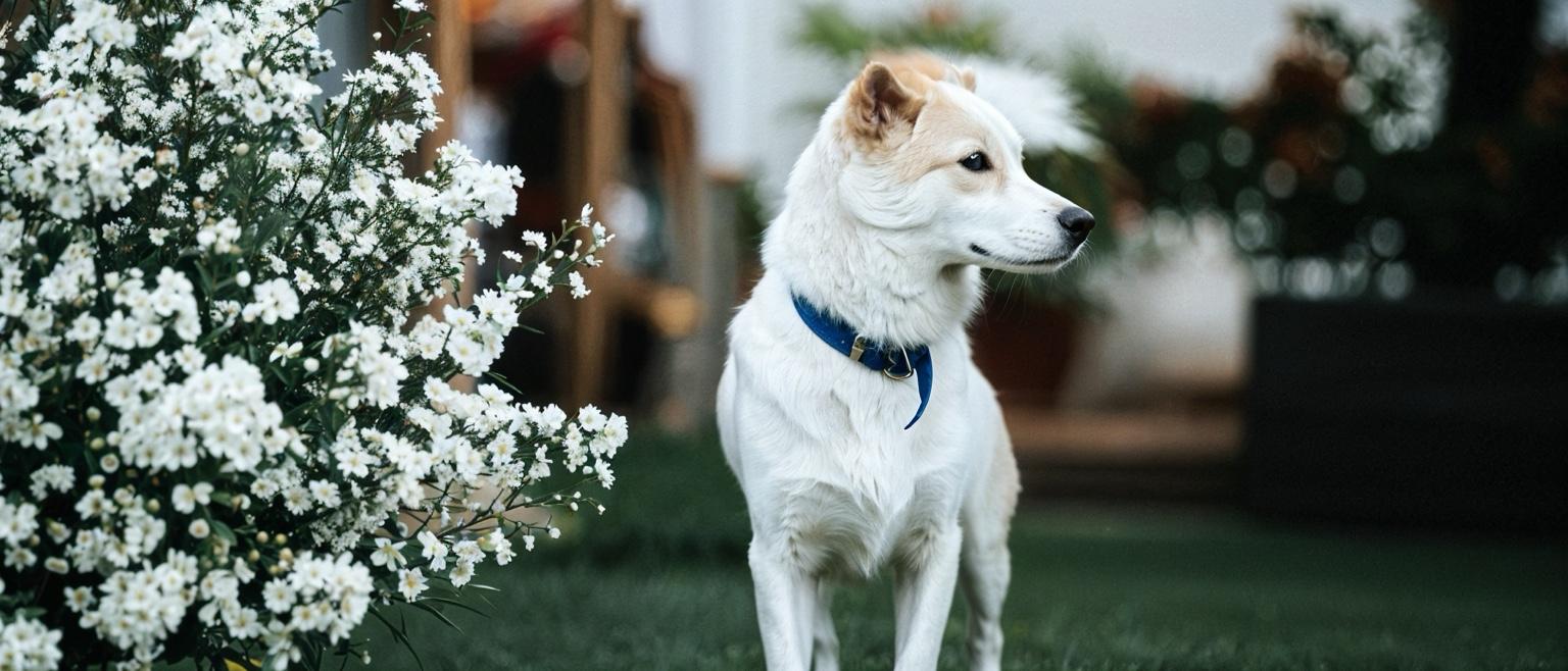 Petit chien blanc dans le jardin près de fleurs