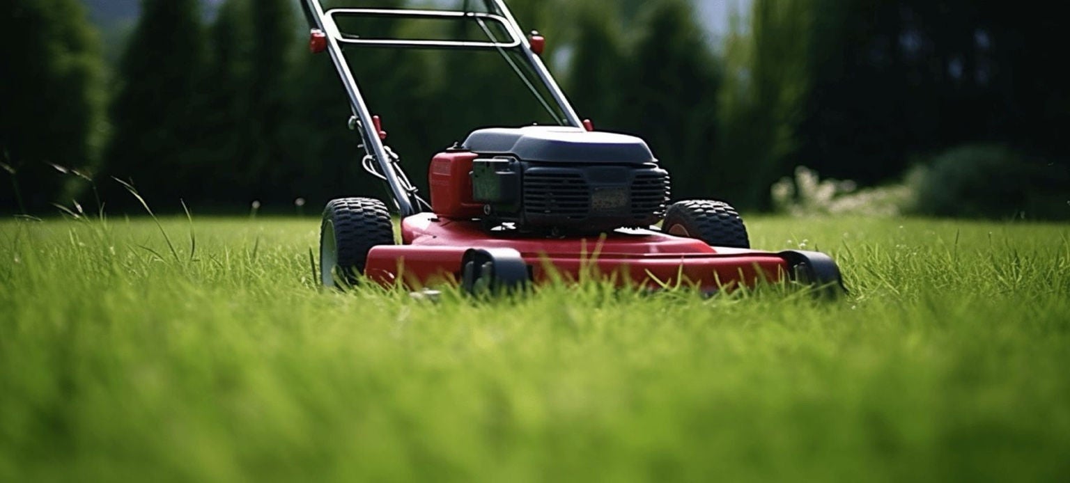 Tondeuse thermique coupant un gazon vert dans le jardin
