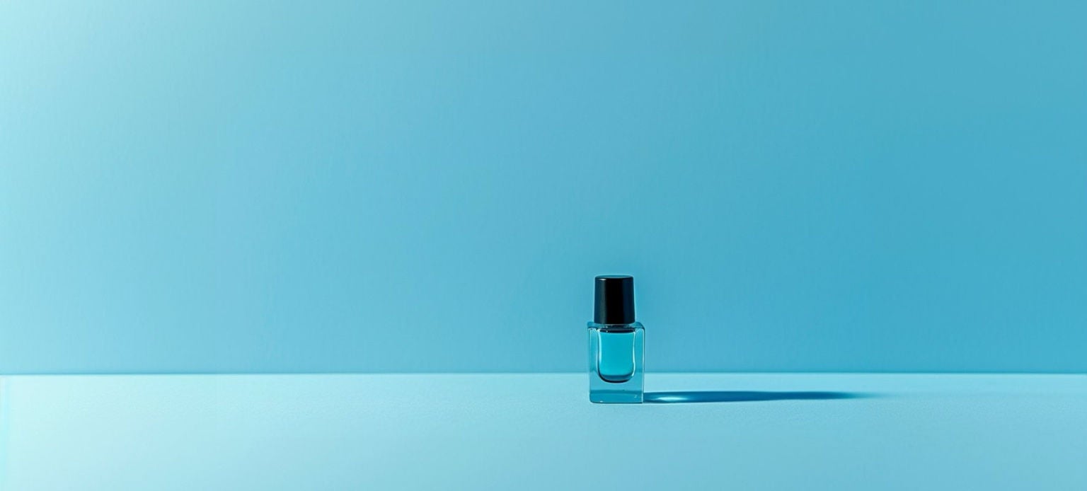 Flacon de vernis à ongles bleu sur fond uni