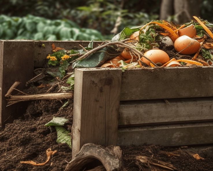 Composteur domestique rempli d’épluchures d’œufs et de feuilles organiques