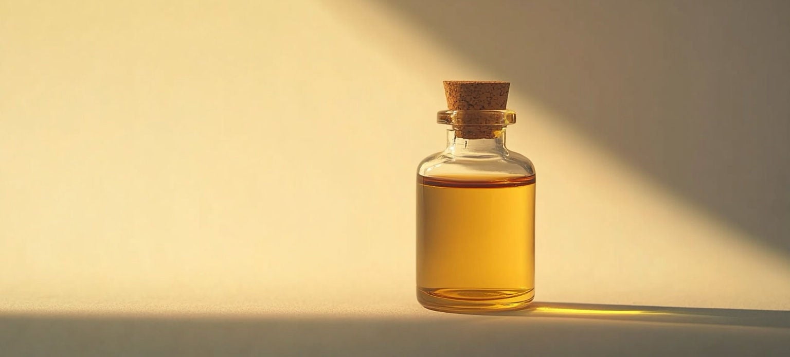 Flacon en verre contenant de l’huile dans une lumière douce