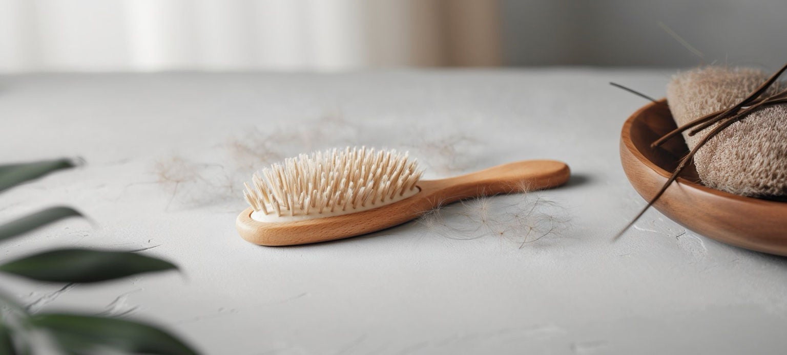 Brosse pour cheveux en bois posée sur surface claire