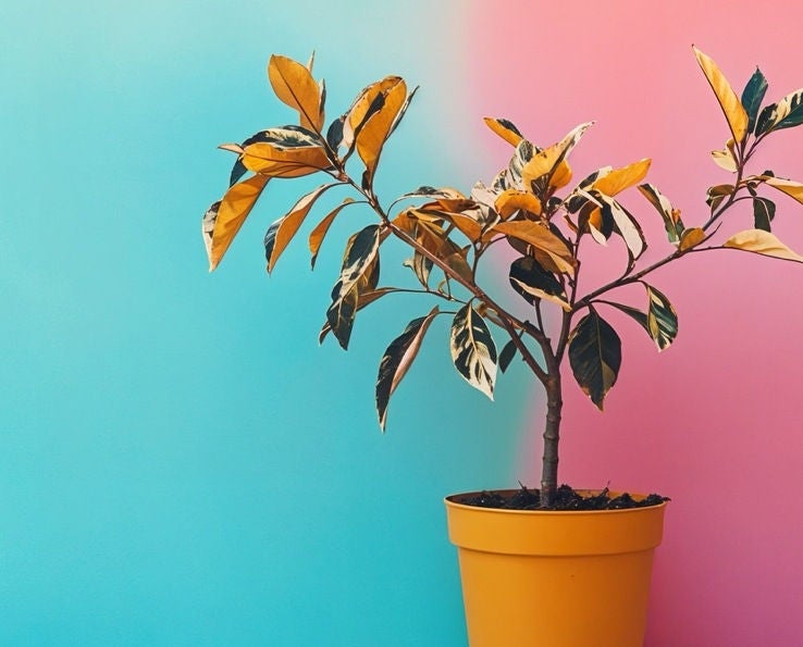 Sac de jardin jaune contenant une plante d’intérieur