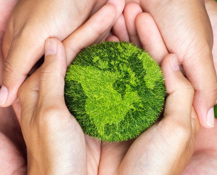 Sphère de verdure tenue par plusieurs mains solidaires