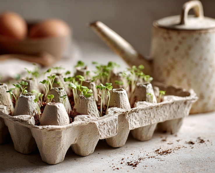 Brotes jóvenes en una caja de huevos de cartón, sobre una mesa luminosa con una regadera desenfocada en segundo plano