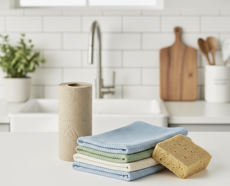 Trapos de cocina apilados con una esponja y un rollo de papel de cocina colocados sobre una encimera