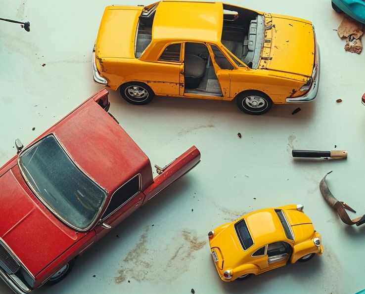 Coches de juguete vintage expuestos sobre una superficie blanca