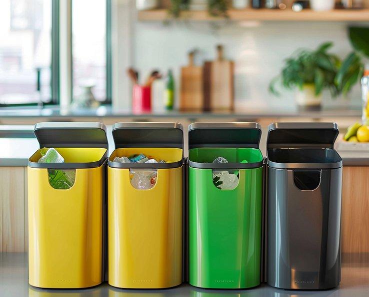 Cubos de separación de residuos amarillos, verdes y negros alineados sobre una encimera de cocina